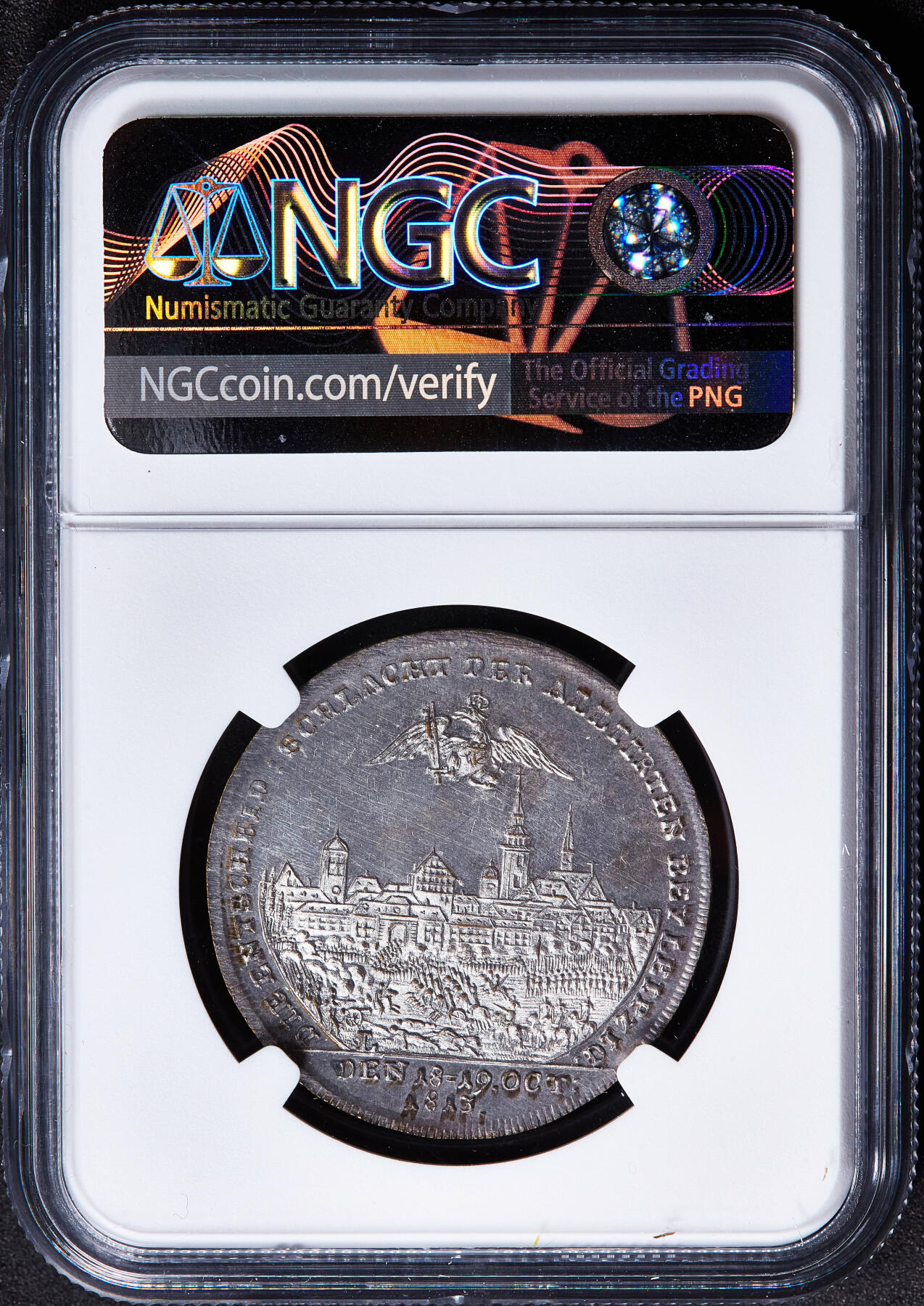 【俄甄集藏】2026年(050)04-01星期三 晚 19:30 全场包邮 沙俄1813年纪念反法同盟莱比锡战役胜利镀银铜章，NGC UNCD，类精制底板，稀少品种，奥地利皇帝弗朗茨一世，俄国沙皇亚历山大一世