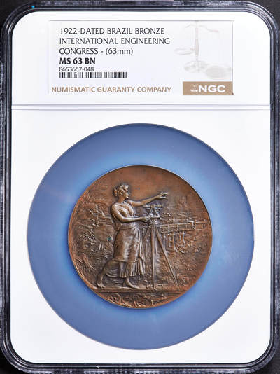 【俄甄集藏】2026年(050)04-01星期三 晚 19:30 全场包邮 - 巴西1922年纪念独立100周年系列-里约热内卢国际工程学博览会大铜章，NGC MS63，巧克力包浆，设计精美，直径：63mm，重98克，稀少品种