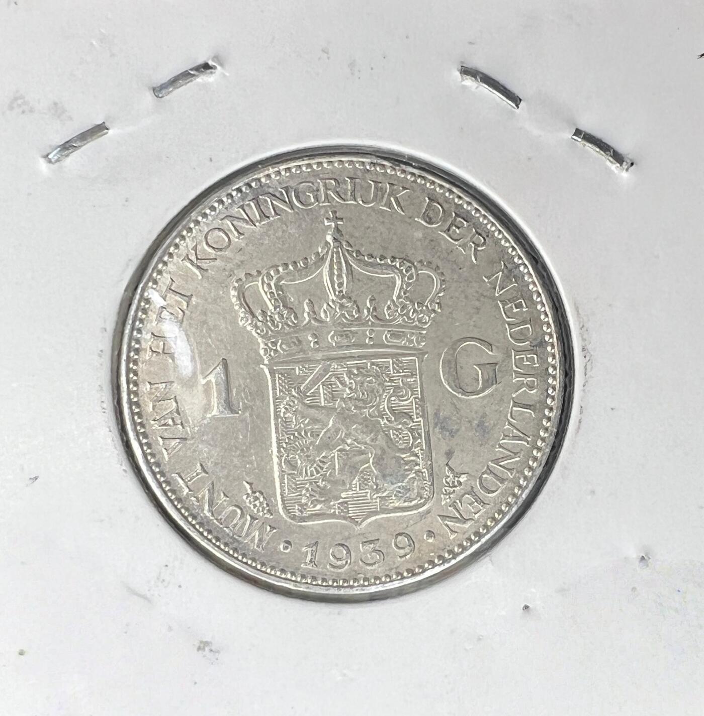1939 年荷兰威廉敏娜女王 1 盾银币 83.5% 银 荷兰盾狮徽老银元