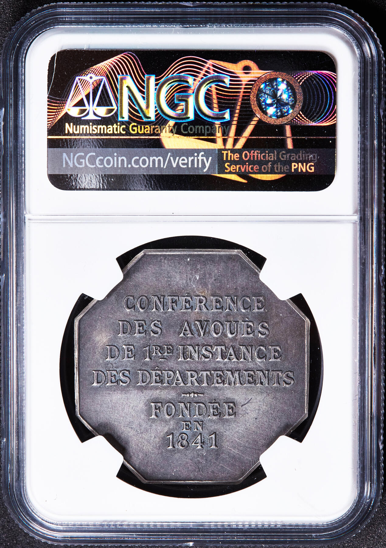 【俄甄集藏】2026年(050)04-01星期三 晚 19:30 全场包邮 法国1841年阿波罗战车造像法律一审诉讼代理人协会银质八角代用币章，NGC MS61，原味酱彩老包浆