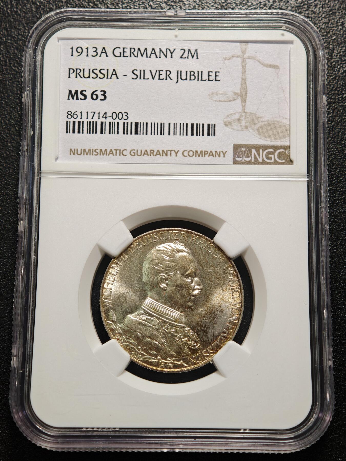 【德藏】世界币章拍卖第169期（拍品征集中~欢迎藏友联系） 1913年 德国普鲁士威廉二世2马克银币 NGC MS63 原光十足