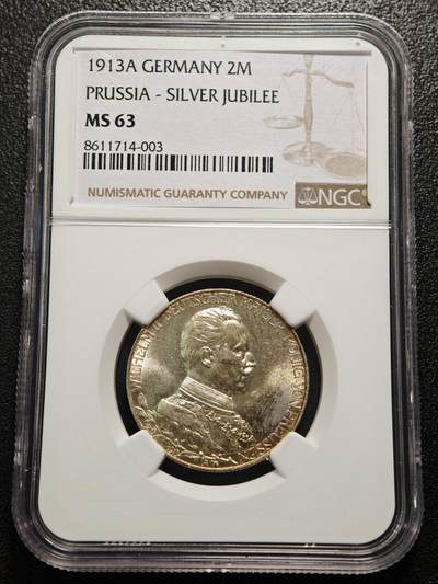 【德藏】世界币章拍卖第169期（拍品征集中~欢迎藏友联系） - 1913年 德国普鲁士威廉二世2马克银币 NGC MS63 原光十足