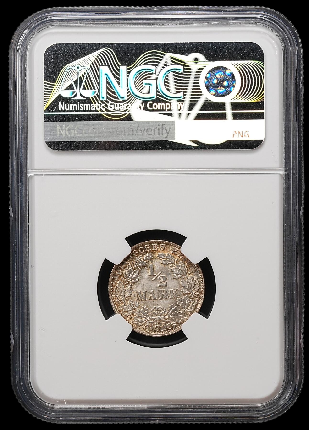 修遠堂世界钱币第109期 NGC MS66 1918年德国1/2马克银币 D厂铭