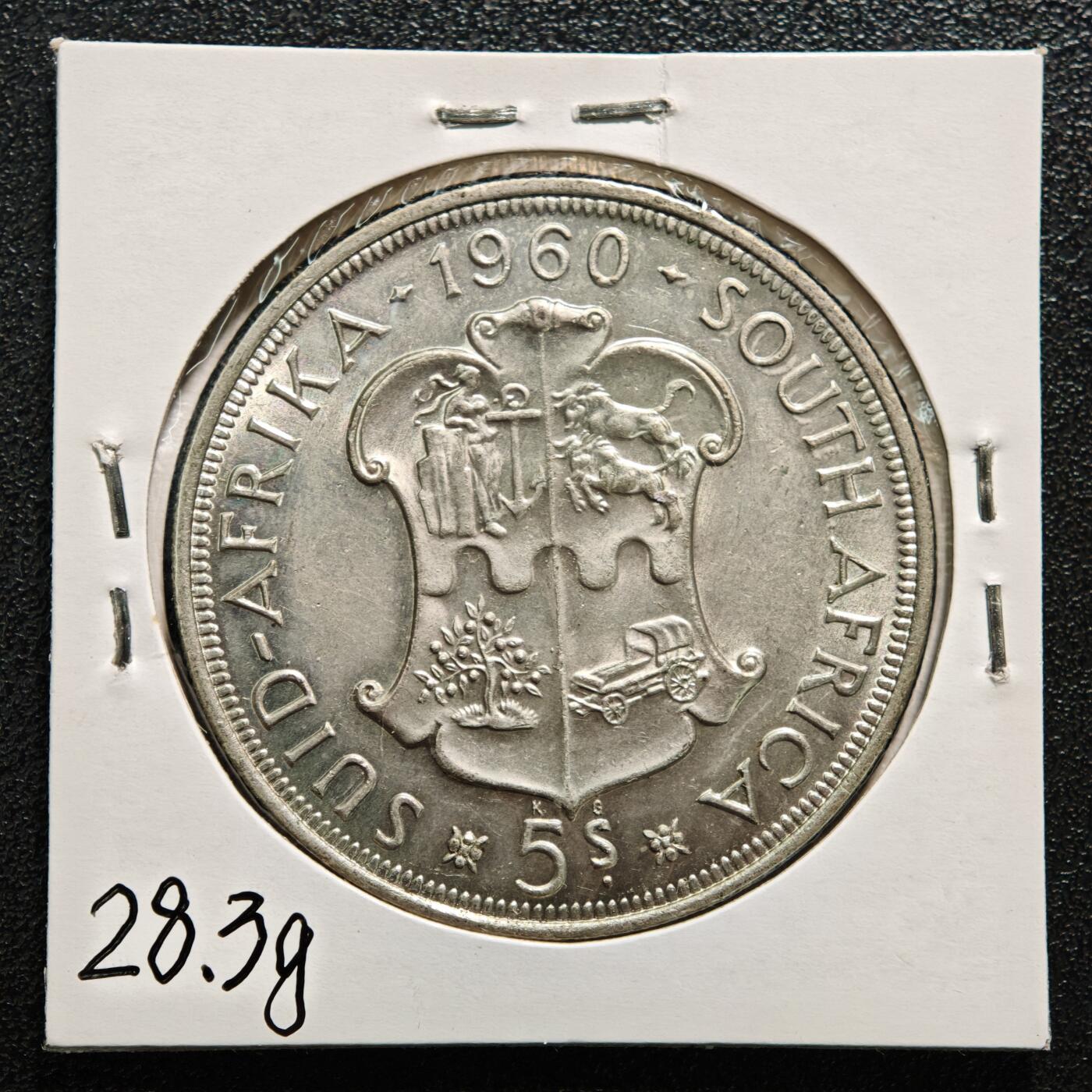【德藏】世界币章拍卖第169期（拍品征集中~欢迎藏友联系） 老藏家集藏系列之- 1960年 南非联盟成立50周年5先令纪念银币 直径约：38.6mm；重约：28.2g 入册20余年·附有当年购入价