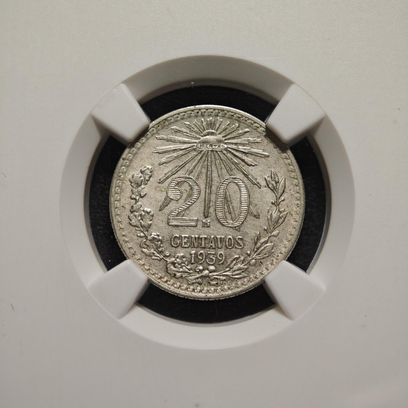 【德藏】世界币章拍卖第169期（拍品征集中~欢迎藏友联系） 1939年 墨西哥20分银币 NGC UNC 状态极佳