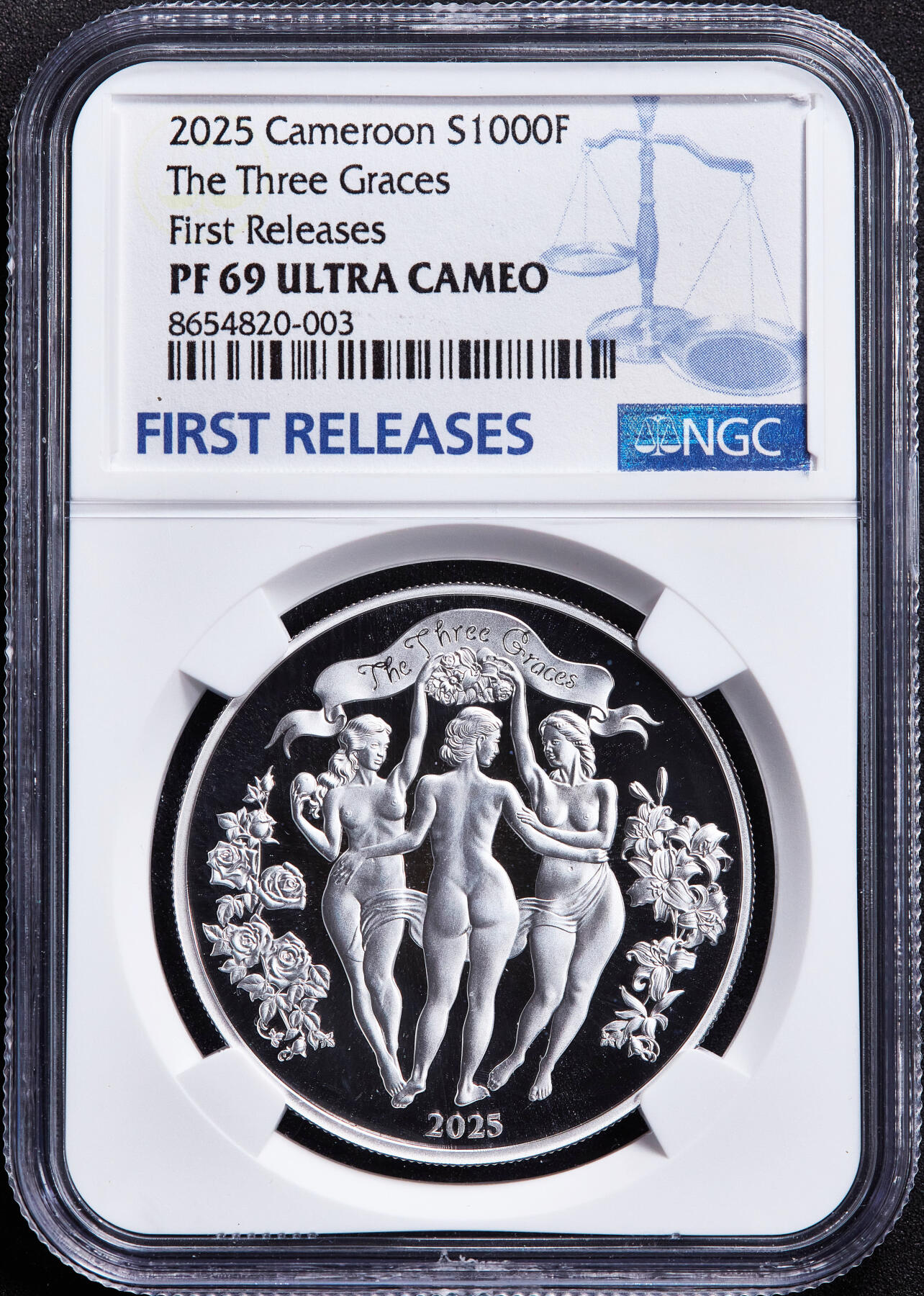 【俄甄集藏】2026年(050)04-01星期三 晚 19:30 全场包邮 喀麦隆2025年三女神1盎司1000法郎精制大银币，NGC PF69UC，首期标签，重31.1克，999银，发行量999枚