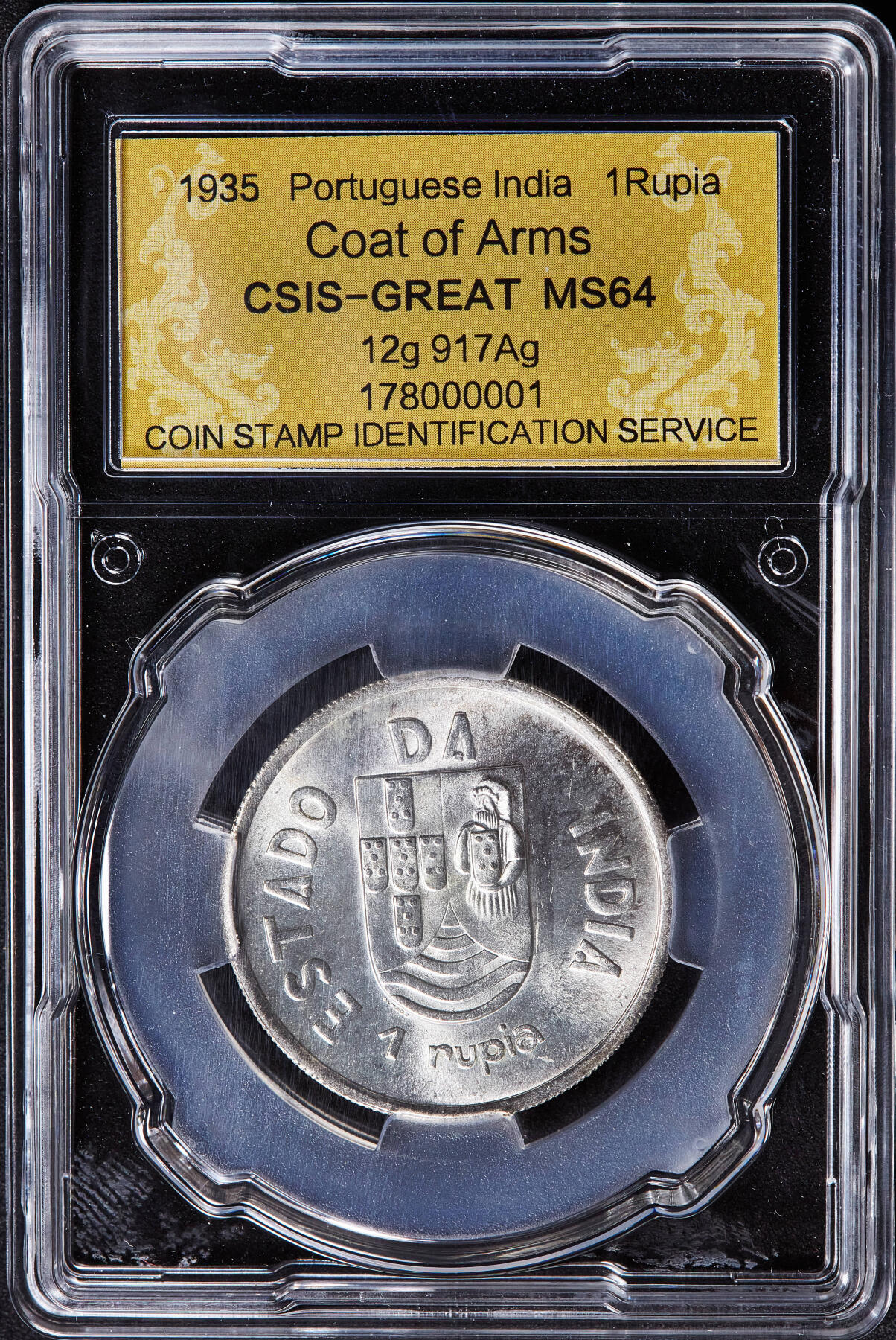 【俄甄集藏】2026年(050)04-01星期三 晚 19:30 全场包邮 葡属印度1935年1卢比银币，信泰 MS64，转光品相，重12克，917银