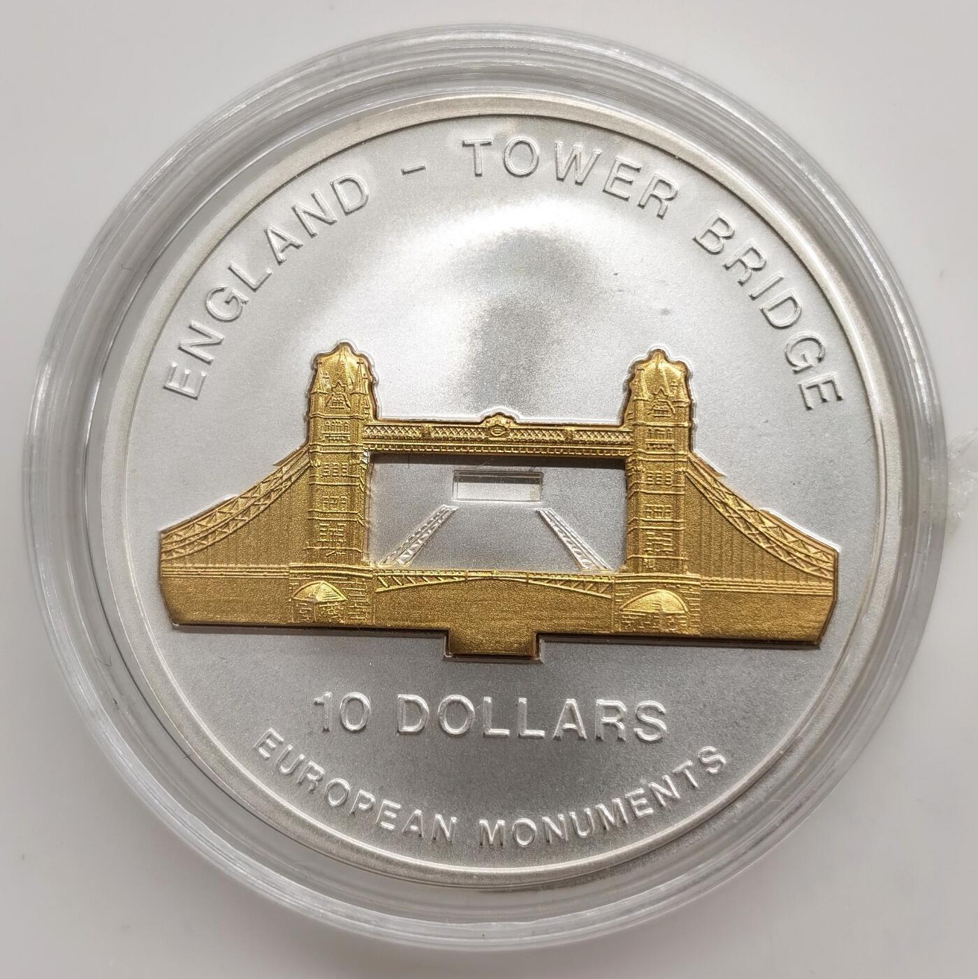 博洋堂“芳菲春韵”3月精品大拍专场暨第166期（全场包邮） 瑙鲁2005年10元带镀金插件反向精制银币 欧洲地标-塔桥（英） 1盎司999银 发行量：2千 带证