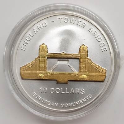 博洋堂“芳菲春韵”3月精品大拍专场暨第166期（全场包邮） - 瑙鲁2005年10元带镀金插件反向精制银币 欧洲地标-塔桥（英） 1盎司999银 发行量：2千 带证