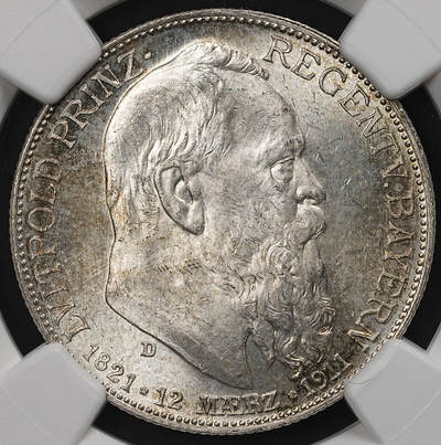 修遠堂世界钱币第109期 - NGC MS63 1911年巴伐利亚摄政王90大寿纪念2马克银币