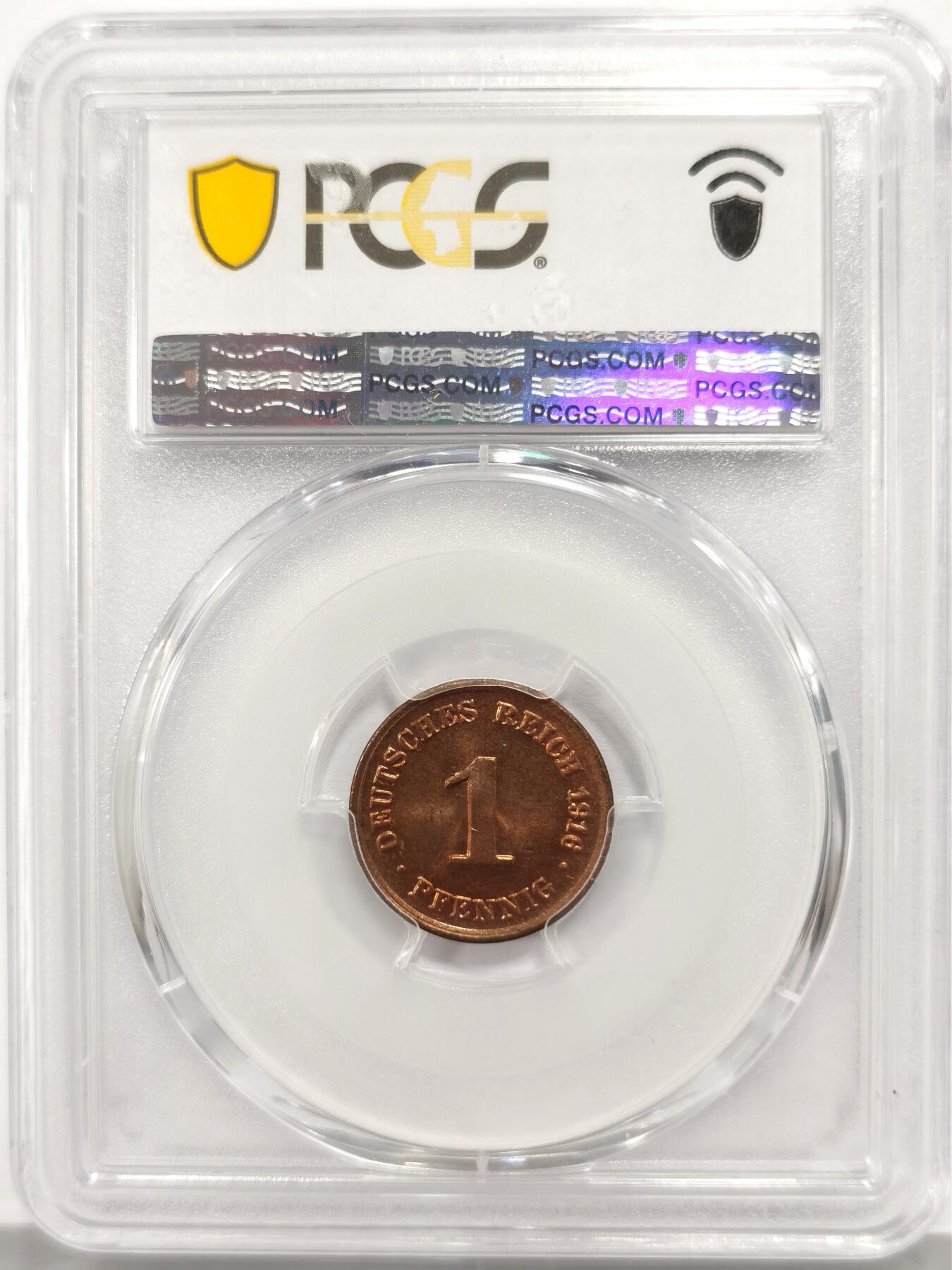 博洋堂“芳菲春韵”3月精品大拍专场暨第166期（全场包邮） PCGS MS65RD 1916年D版德国1芬尼 流通程度非常高的辅币，RD在这个品种中几乎未曾遇见，经历两次世界大战依旧能有这种状态殊为难得，麦稀奇此前唯一一枚65RD的德二芬尼拍了1006，足见其状态之珍贵