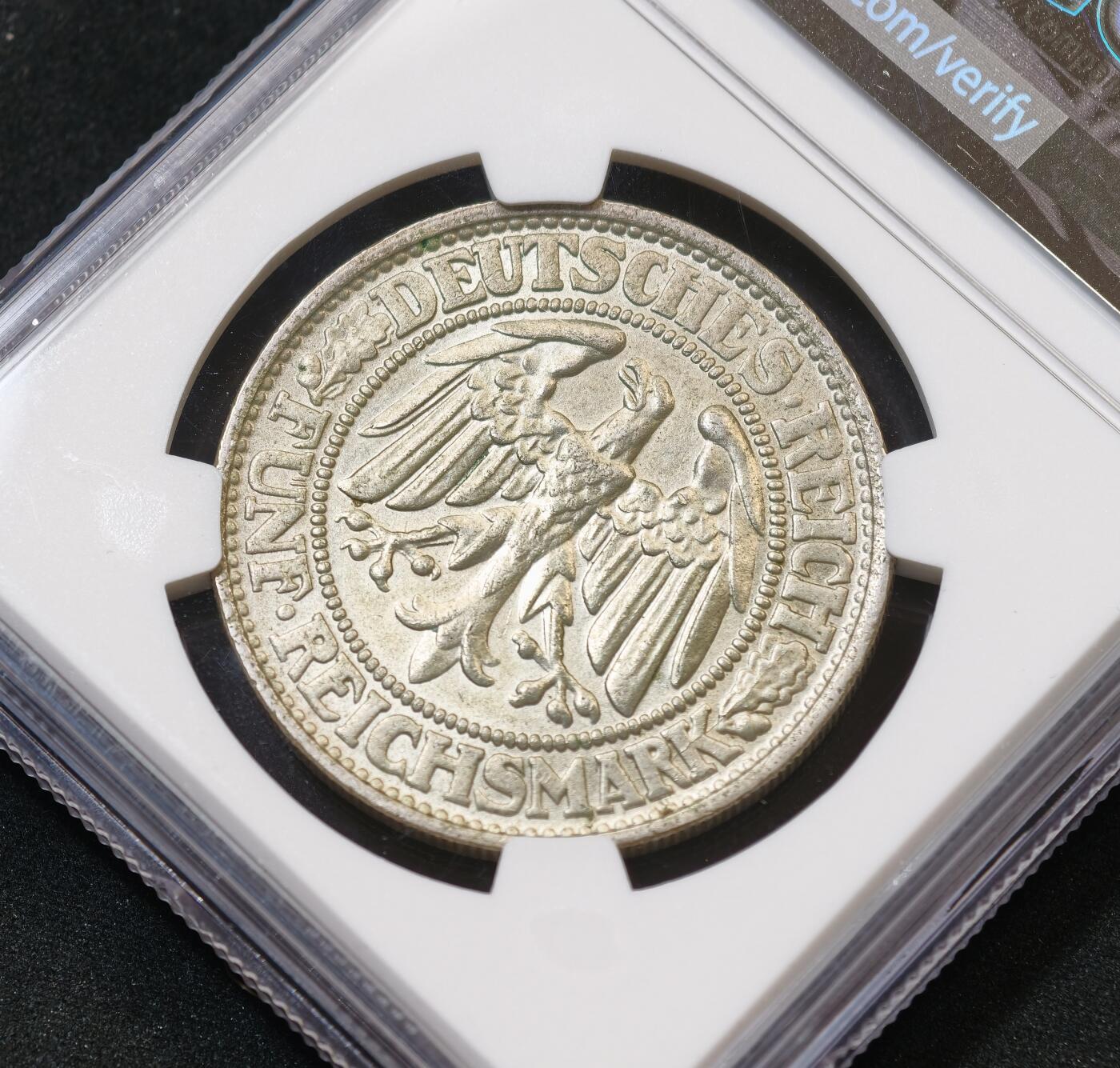 “方寸甄品”甄品场，甄臻铺-世界币章拍卖（第57期，直播拍卖），送拍享返佣金等优惠多多 NGC-MS65 德国1932年A版魏玛橡树5马克银币 经典品种，黄油彩老包浆，暴力转光，深打有细节，高分，值得收藏