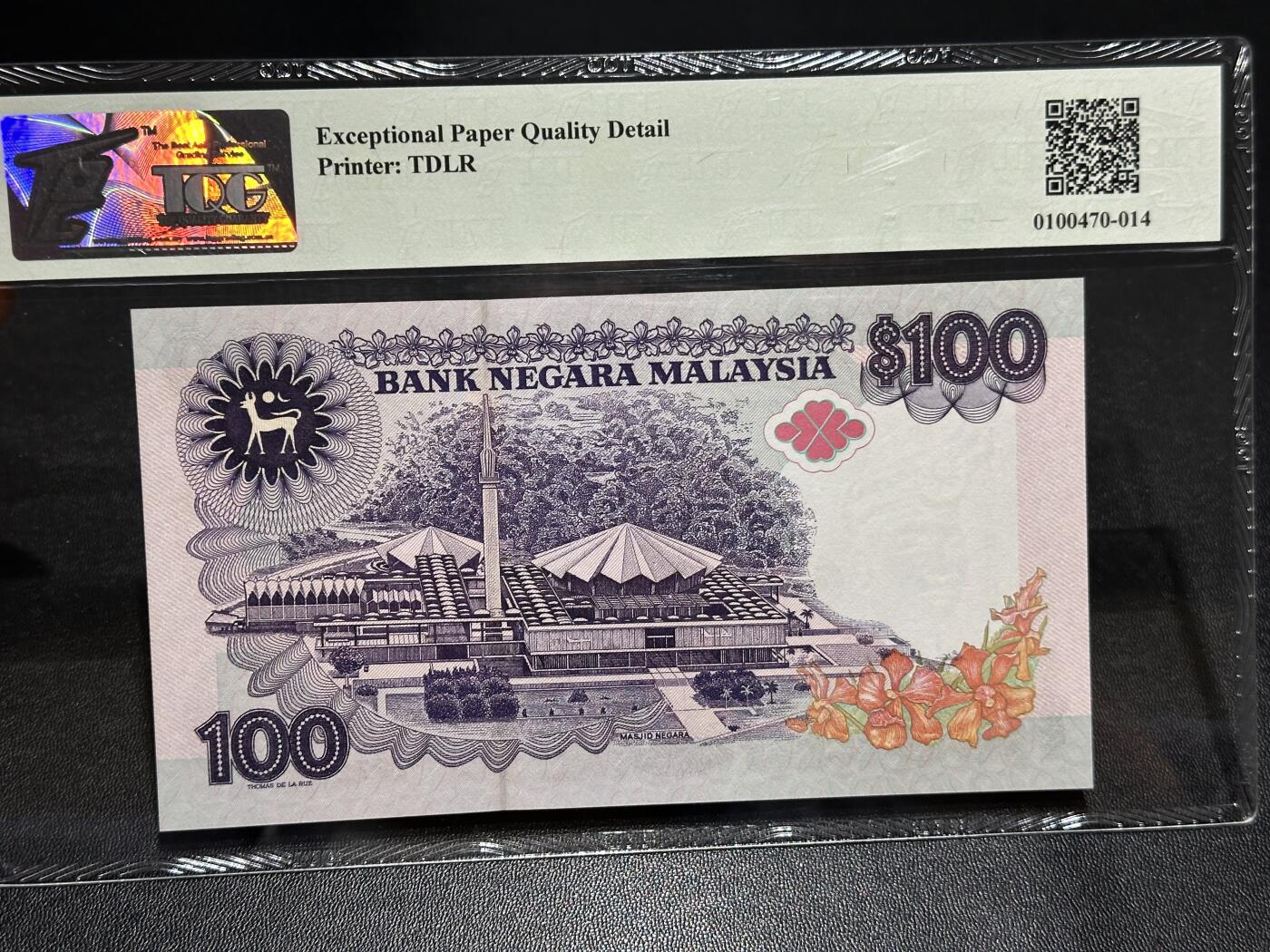 《外钞收藏家》第六百二十一期（精选场）（长期征集拍品、欢迎藏友们联系合作） 1989马来西亚100林吉特 TQG评级65