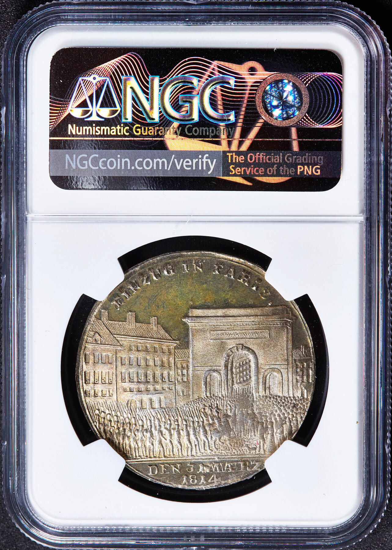 【俄甄集藏】2026年(050)04-01星期三 晚 19:30 全场包邮 法国1814年纪念反法同盟三巨头占领巴黎镀银铜章，NGC MS64，类精制底板，顶级品相，少见品种，奥地利皇帝弗朗茨一世，俄国沙皇亚历山大一世，普鲁士国王腓特烈·威廉三世