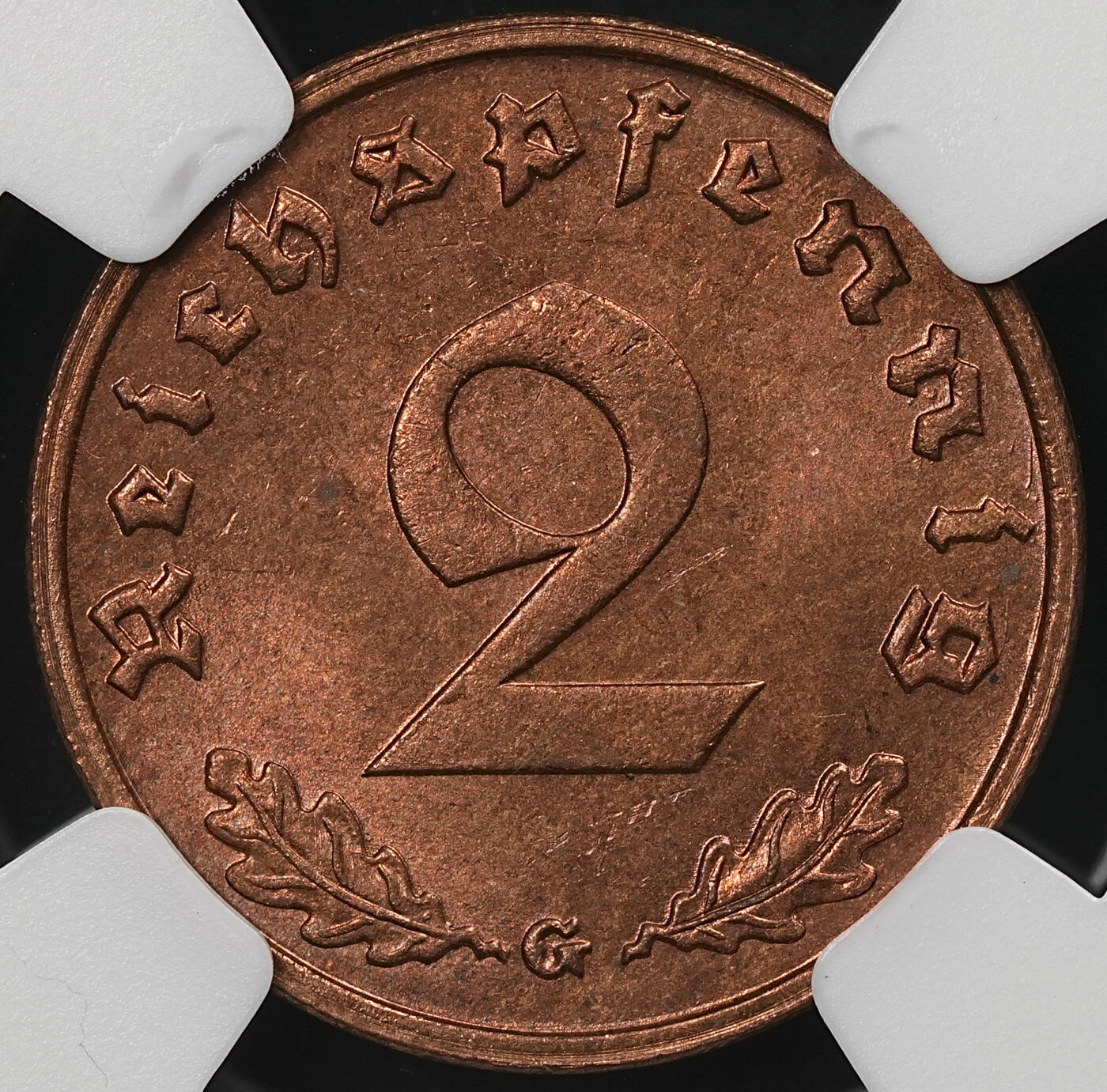 修遠堂世界钱币第109期 NGC MS64RB 1939年德国2芬尼铜币 G厂铭