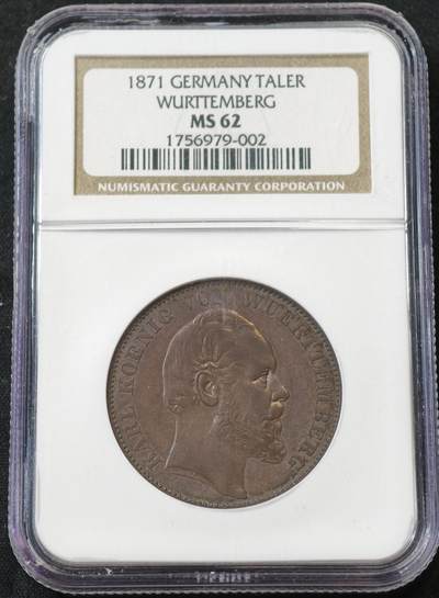 “方寸甄品”甄品场，甄臻铺-世界币章拍卖（第57期，直播拍卖），送拍享返佣金等优惠多多 - NGC-MS62 德国符腾堡1871年胜利泰勒，大老黑包浆，黑中带彩，PL质感地板