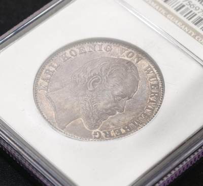 NGC-MS62 德国符腾堡1871年胜利泰勒，大老黑包浆，黑中带彩，PL质感地板