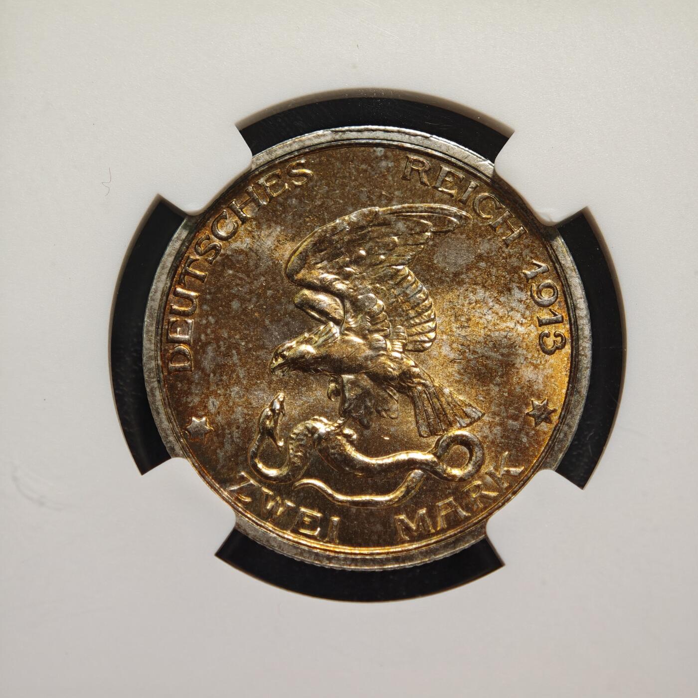【德藏】世界币章拍卖第169期（拍品征集中~欢迎藏友联系） 1913年 德国普鲁士战胜拿破仑2马克纪念银币 NGC MS63 原光极强 背金包浆