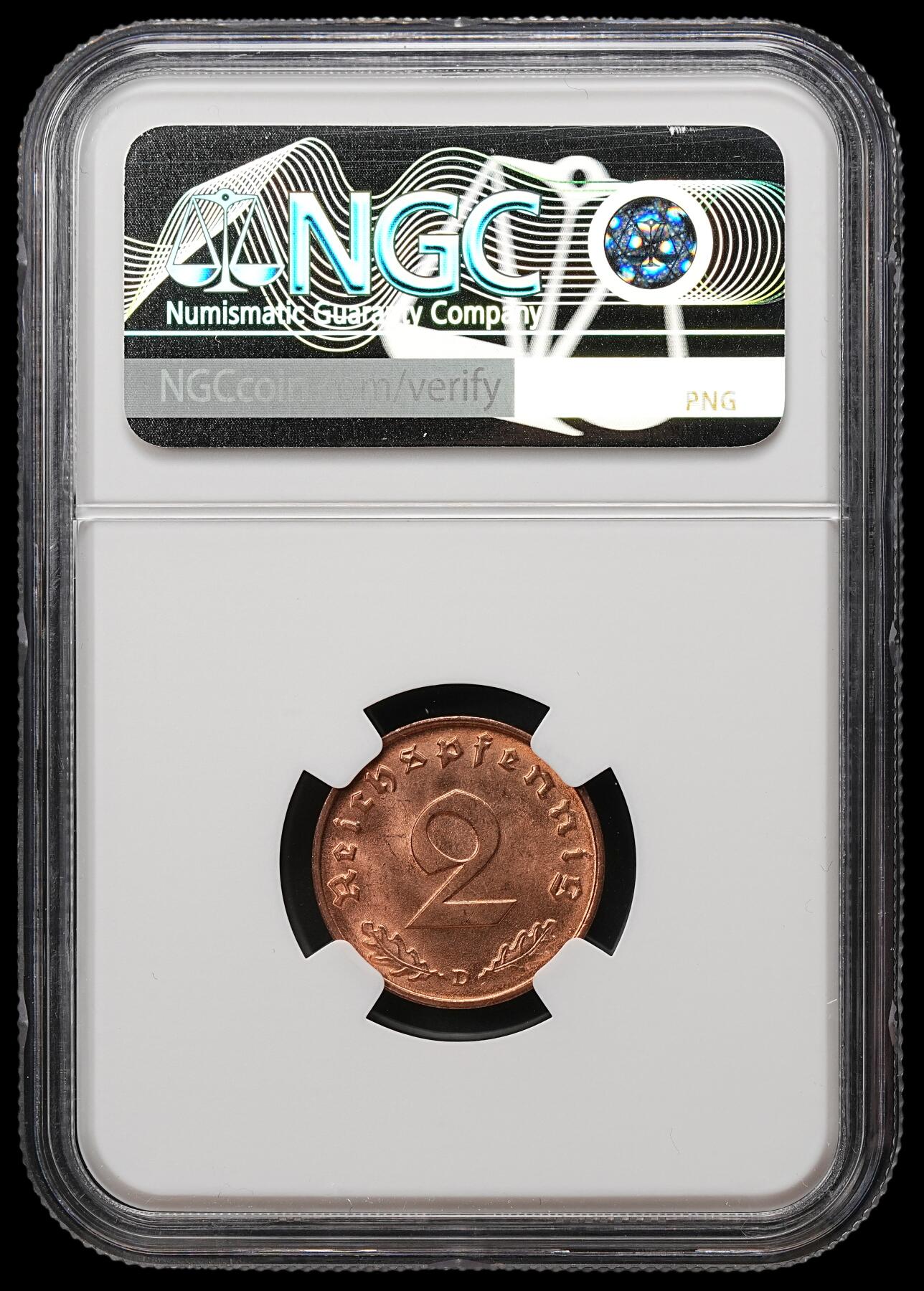 修遠堂世界钱币第109期 NGC MS65RD 1939年德国2芬尼铜币 RD难得 D厂铭
