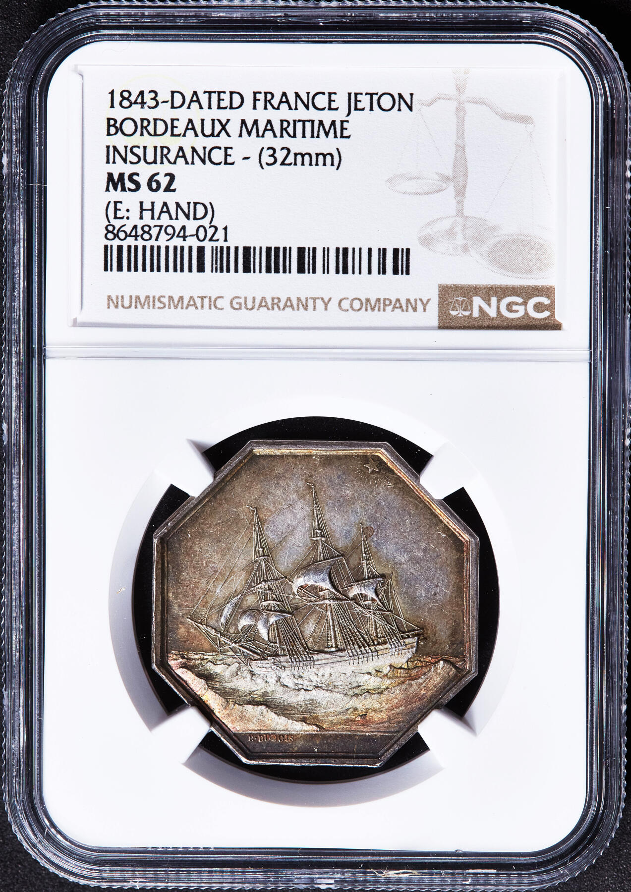 【俄甄集藏】2026年(050)04-01星期三 晚 19:30 全场包邮 法国1843年波尔多海上保险业银质八角代用币章，NGC MS62，黄油彩包浆，设计精美，手指铭