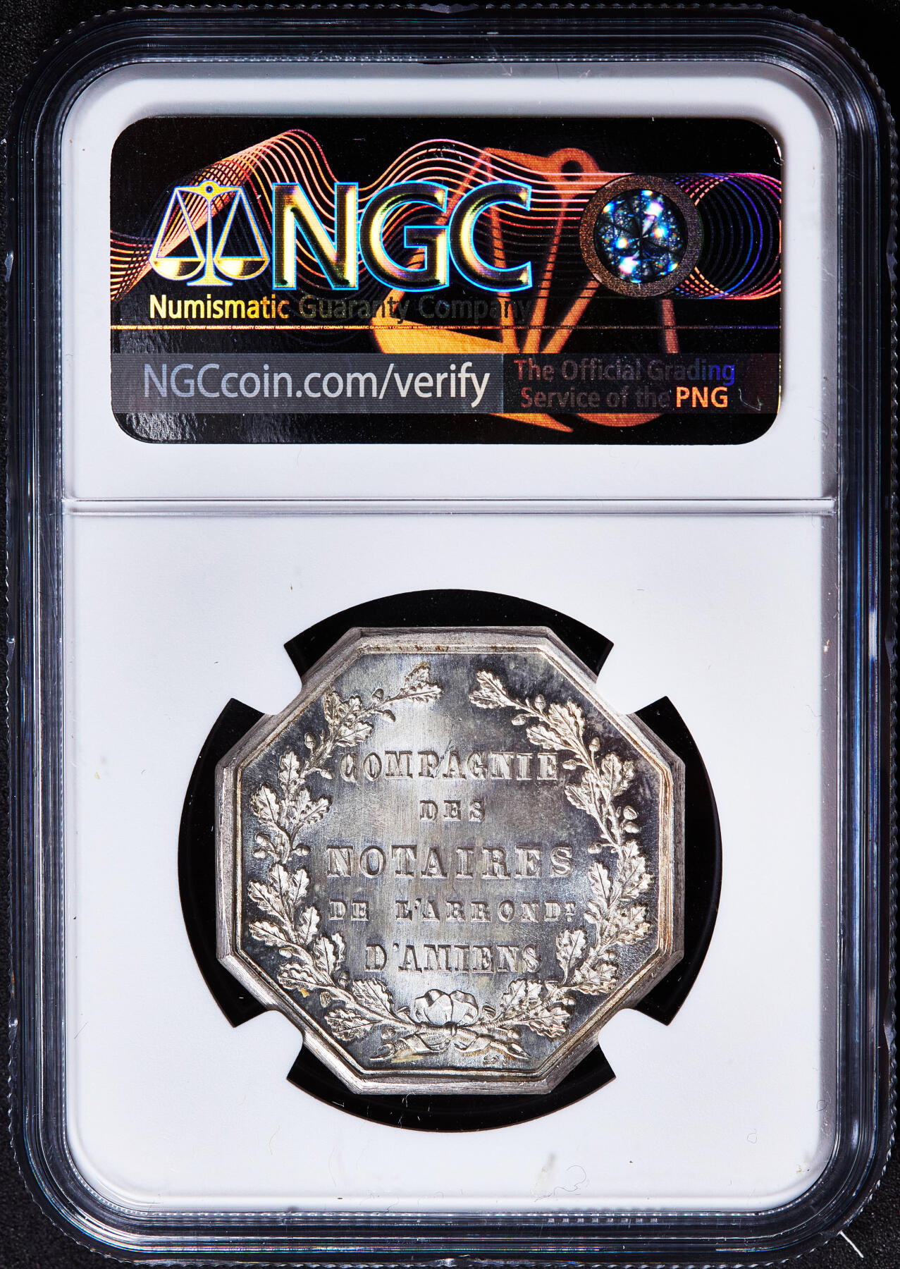 【俄甄集藏】2026年(050)04-01星期三 晚 19:30 全场包邮 法国1854年亚眠公证处银质八角代用币章，NGC MS64，底板凝霜，转光品相，丰饶角铭