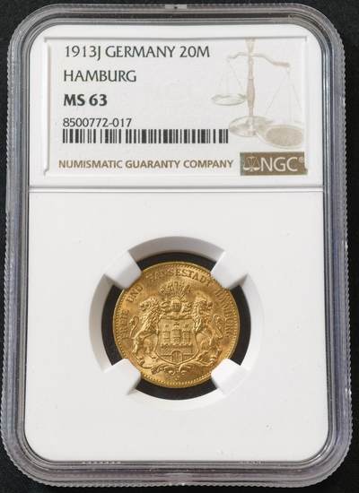 “方寸甄品”甄品场，甄臻铺-世界币章拍卖（第57期，直播拍卖），送拍享返佣金等优惠多多 - NGC-MS63 德国汉堡 20马克 金币，经典品种，硬通货。