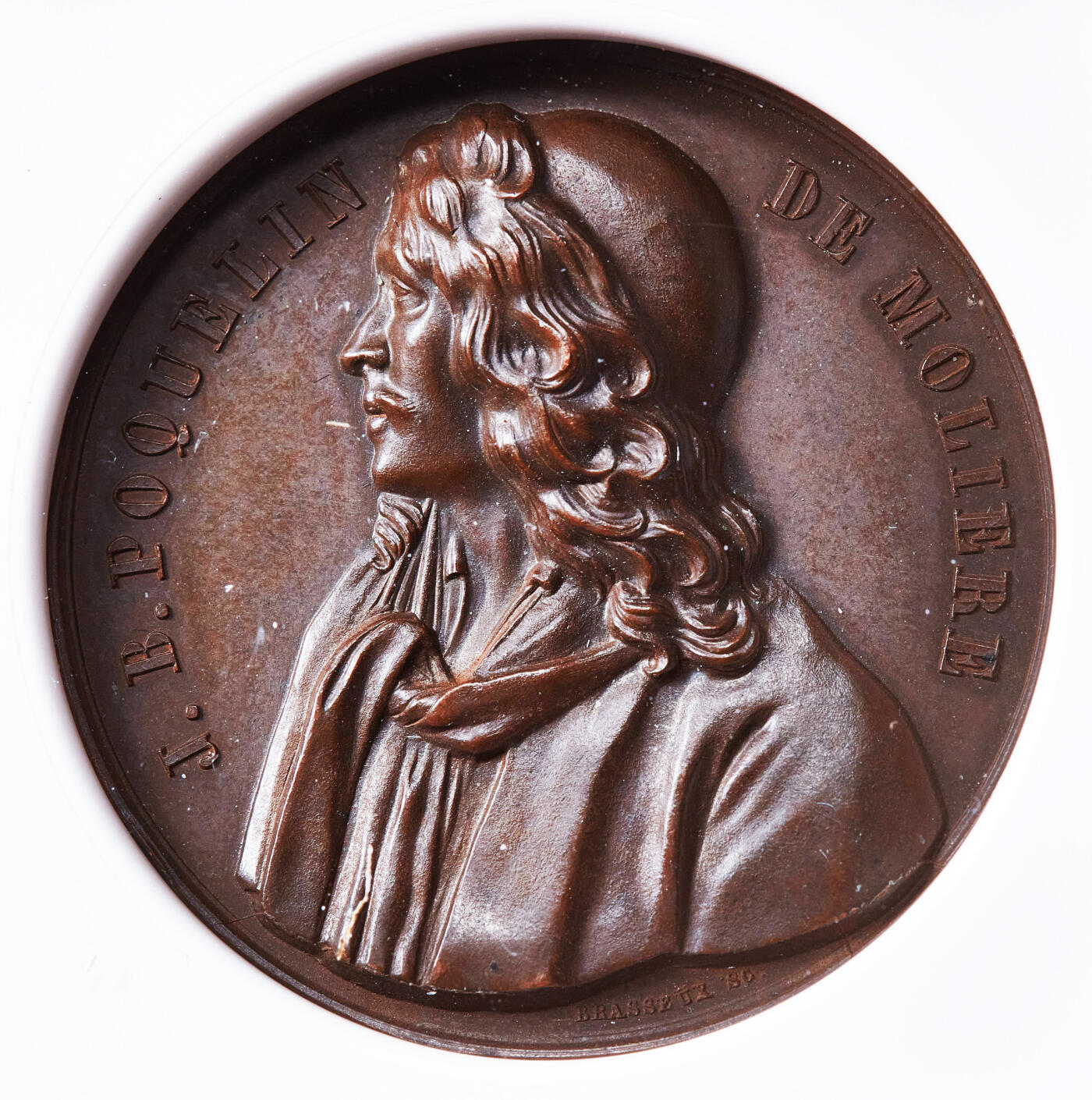 【俄甄集藏】2026年(050)04-01星期三 晚 19:30 全场包邮 法国1844年纪念戏剧作家莫里哀雕像喷泉建成大铜章，NGC MS63，高浮雕，巧克力包浆，设计精美