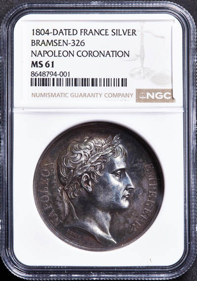 【俄甄集藏】2026年(050)04-01星期三 晚 19:30 全场包邮 - 法国1804年纪念拿破仑巴黎圣母院加冕大银章，NGC MS61，高浮雕，原味老包浆，名誉品种