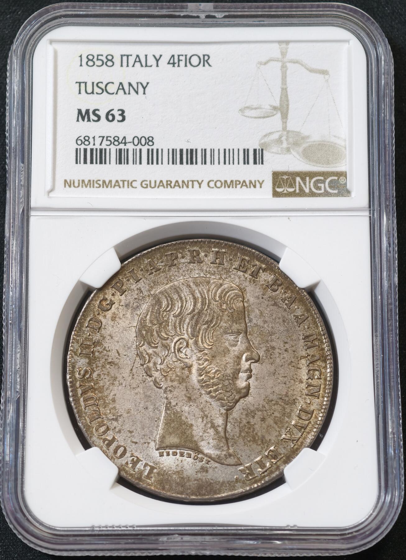 “方寸甄品”甄品场，甄臻铺-世界币章拍卖（第57期，直播拍卖），送拍享返佣金等优惠多多 NGC-MS63 1858年意大利托斯卡纳利奥波德二世4菲奥里尼大银币，全深打，丝绸转光老味道包浆，香槟淡彩环绕，顶级收藏品质