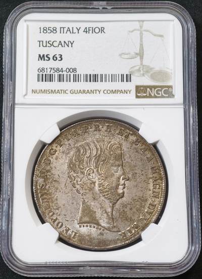 “方寸甄品”甄品场，甄臻铺-世界币章拍卖（第57期，直播拍卖），送拍享返佣金等优惠多多 - NGC-MS63 1858年意大利托斯卡纳利奥波德二世4菲奥里尼大银币，全深打，丝绸转光老味道包浆，香槟淡彩环绕，顶级收藏品质