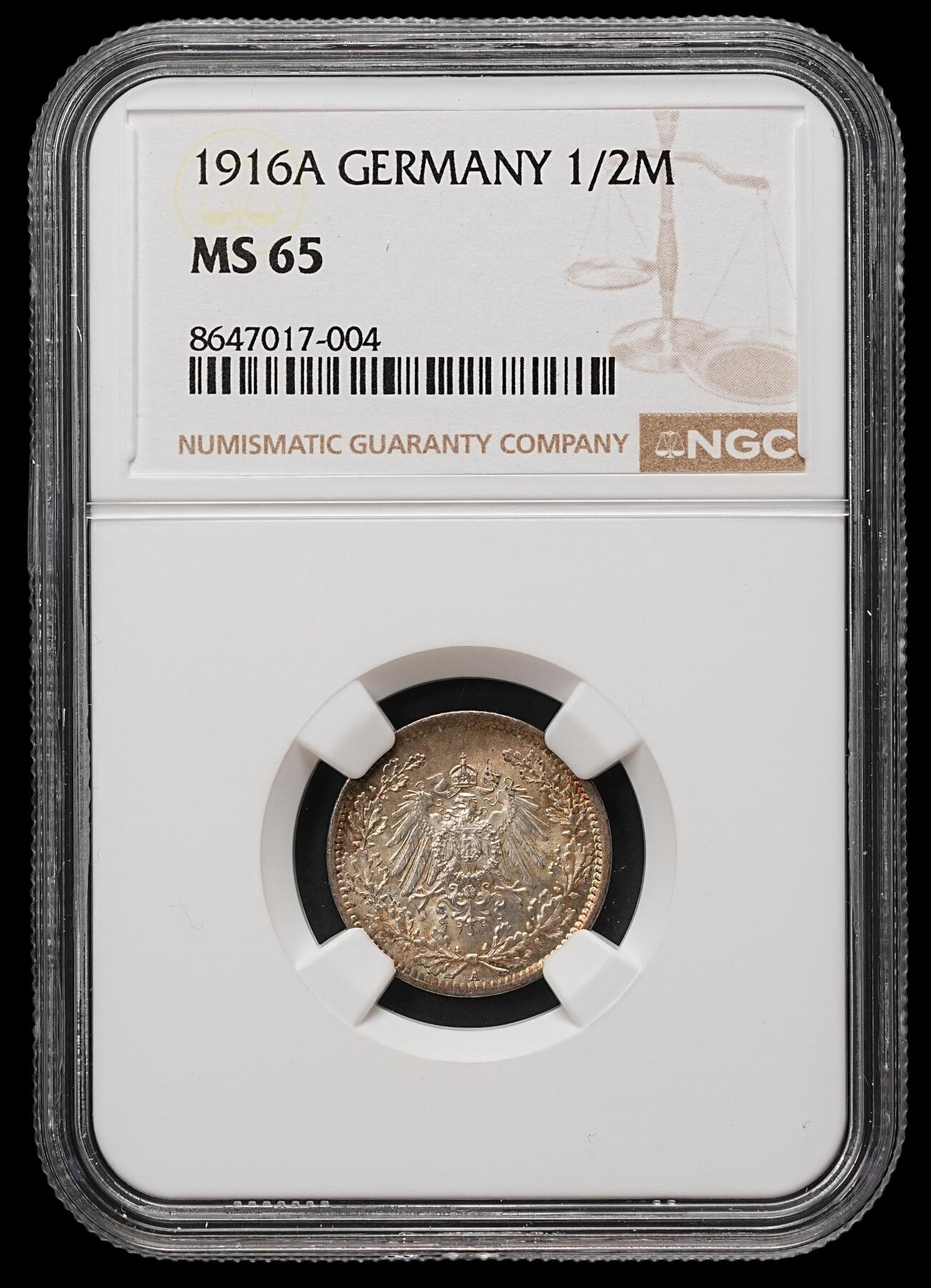 修遠堂世界钱币第109期 NGC MS65 1916年德国1/2马克银币 A厂铭，五彩