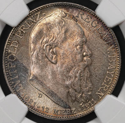 修遠堂世界钱币第109期 - NGC MS64 1911年巴伐利亚摄政王90大寿纪念2马克银币
