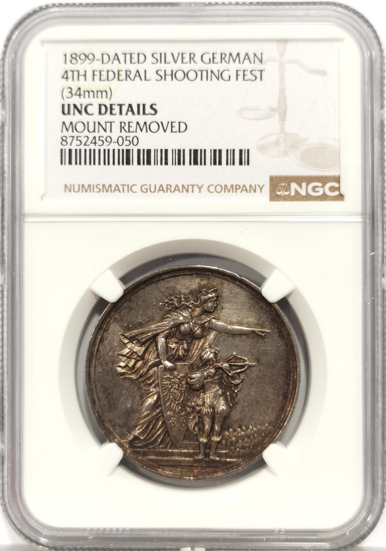 博洋堂“芳菲春韵”3月精品大拍专场暨第166期（全场包邮） NGC UNCD 德国柏林地区1899年第四届联邦射击节纪念银章（34mm），举办地奥比斯费尔德，高浮雕设计华丽，人像面是象征德意志形象身着古典长袍的女性左手持盾右手指引身旁孩童手持弓弩射向远方，背面标注举办地举办地时间和主题，章面五彩硫化包浆非常好看，可惜边道上有一处焊点移除