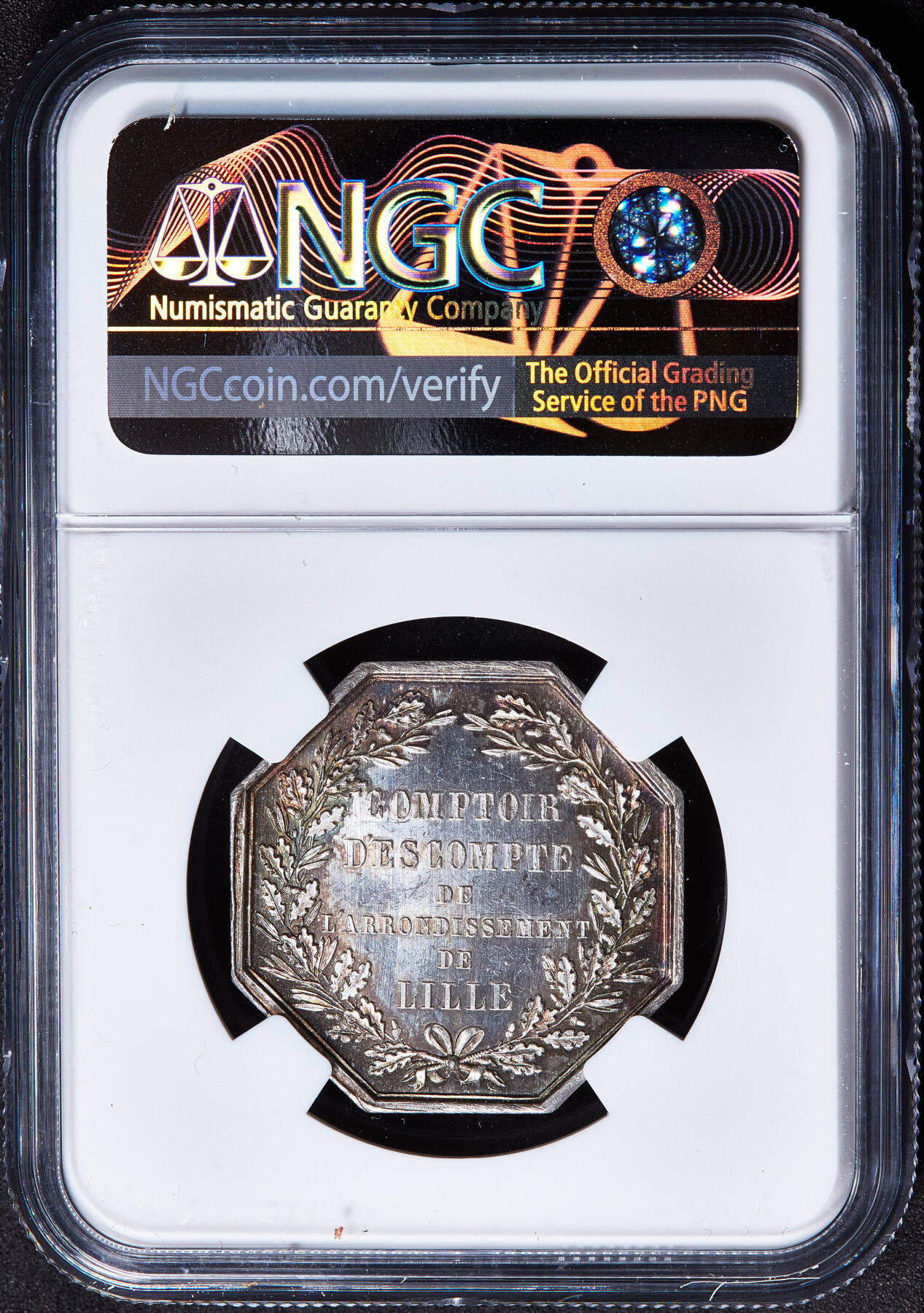 【俄甄集藏】2026年(050)04-01星期三 晚 19:30 全场包邮 法国1854年里尔信贷银行八角银质代用币章，NGC MS63，底板凝霜，五彩环彩，蜜蜂铭