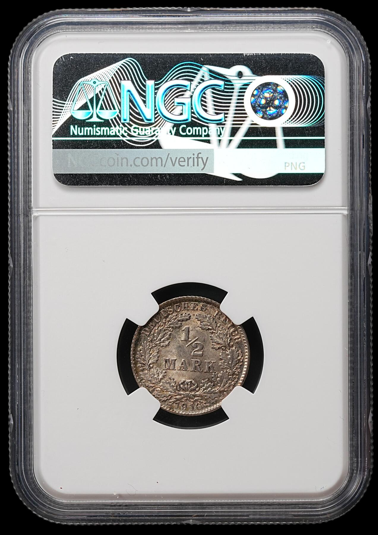 修遠堂世界钱币第109期 NGC MS65 1916年德国1/2马克银币 D厂铭