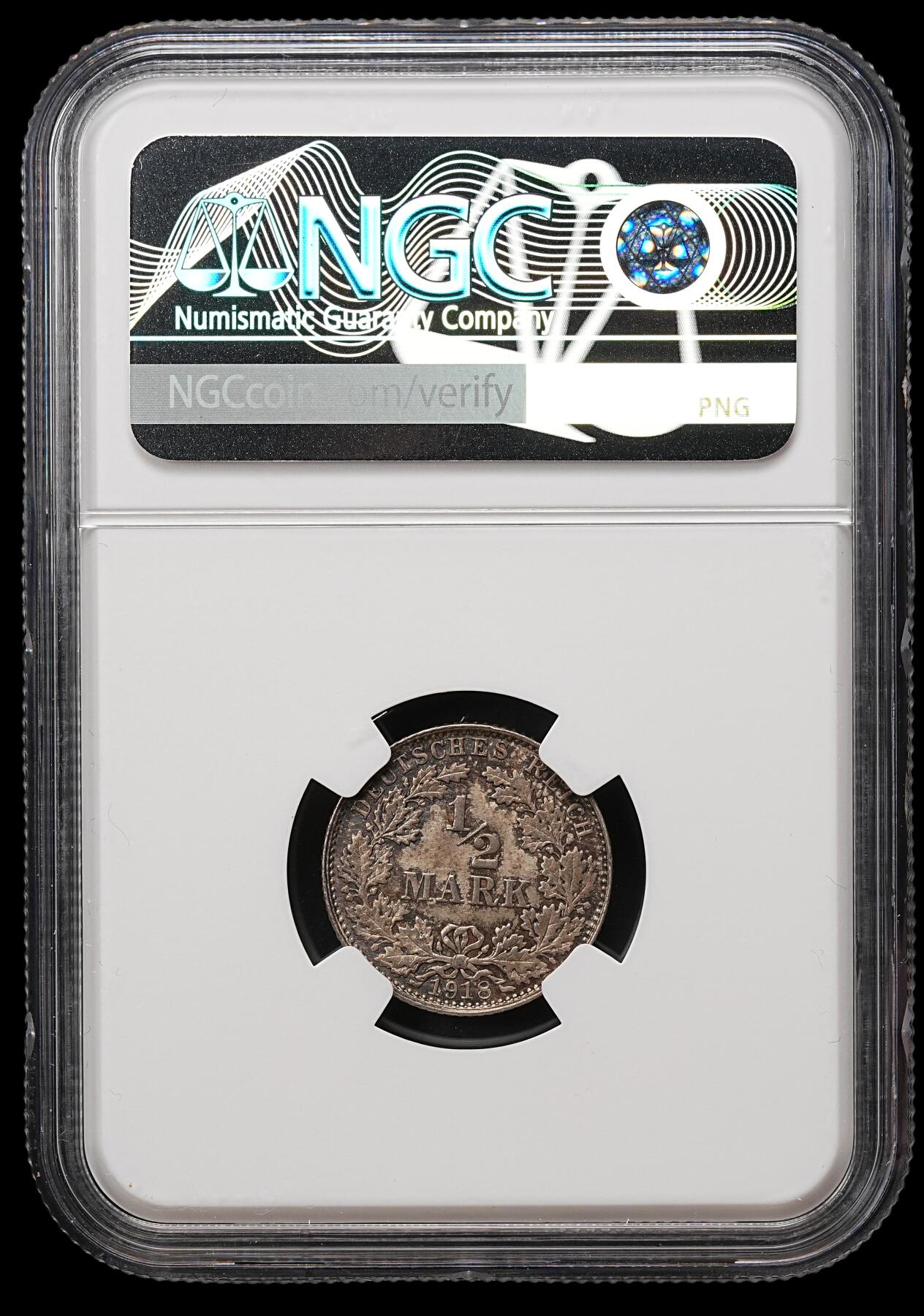修遠堂世界钱币第109期 NGC MS65 1918年德国1/2马克银币，E厂铭