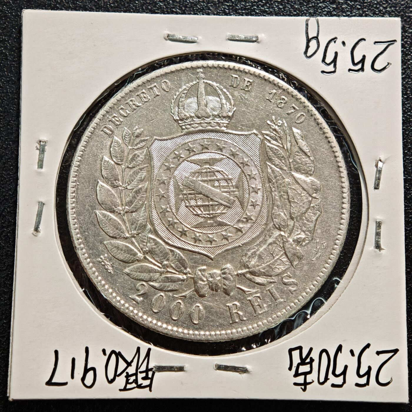 【德藏】世界币章拍卖第169期（拍品征集中~欢迎藏友联系） 老藏家集藏系列之- 1889年 巴西2000瑞斯银币 916银 直径约：37mm；重约：25.5g 入册20余年·附有当年购入价