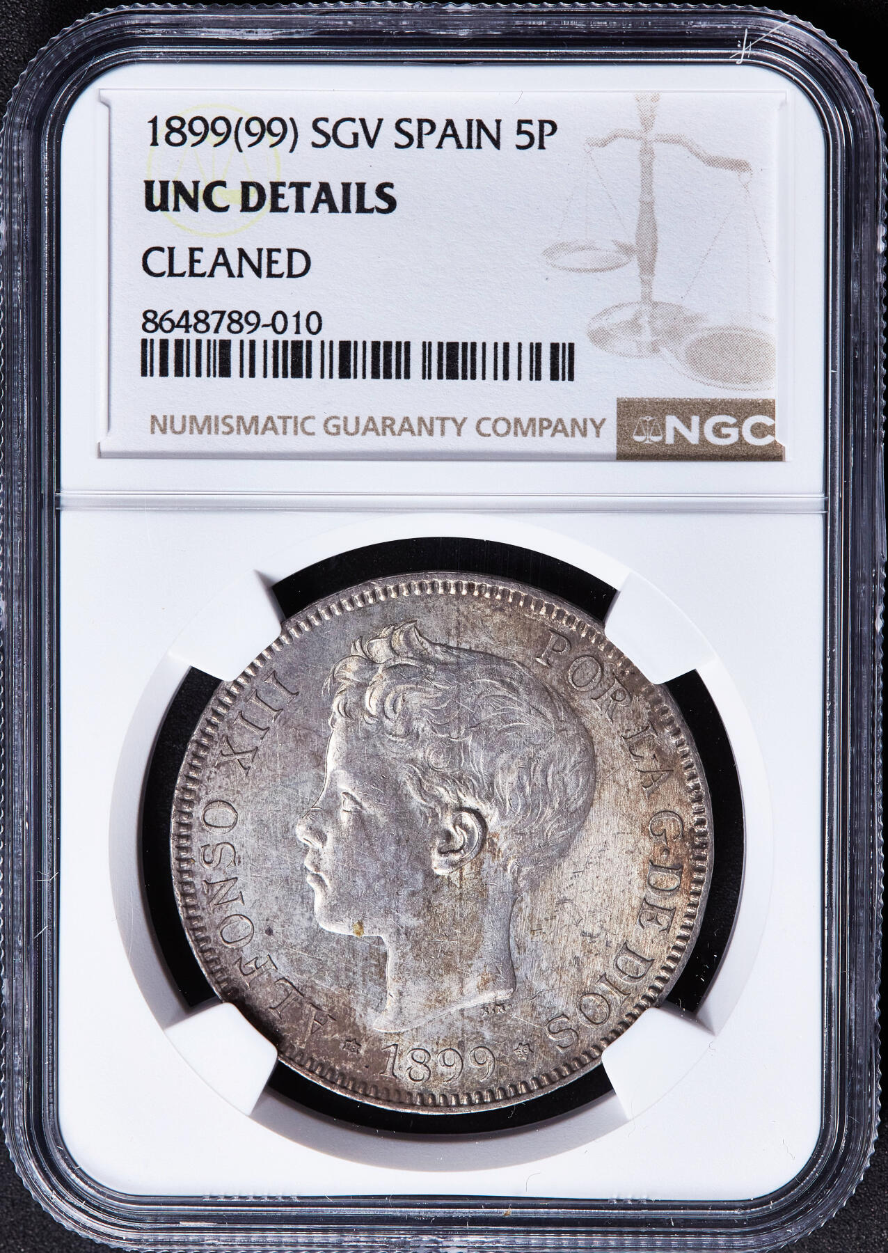 【俄甄集藏】2026年(050)04-01星期三 晚 19:30 全场包邮 西班牙1899年骑字版阿方索十三世5比塞塔大银币，NGC UNCD，黄油彩包浆，原光品相
