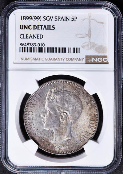 【俄甄集藏】2026年(050)04-01星期三 晚 19:30 全场包邮 - 西班牙1899年骑字版阿方索十三世5比塞塔大银币，NGC UNCD，黄油彩包浆，原光品相