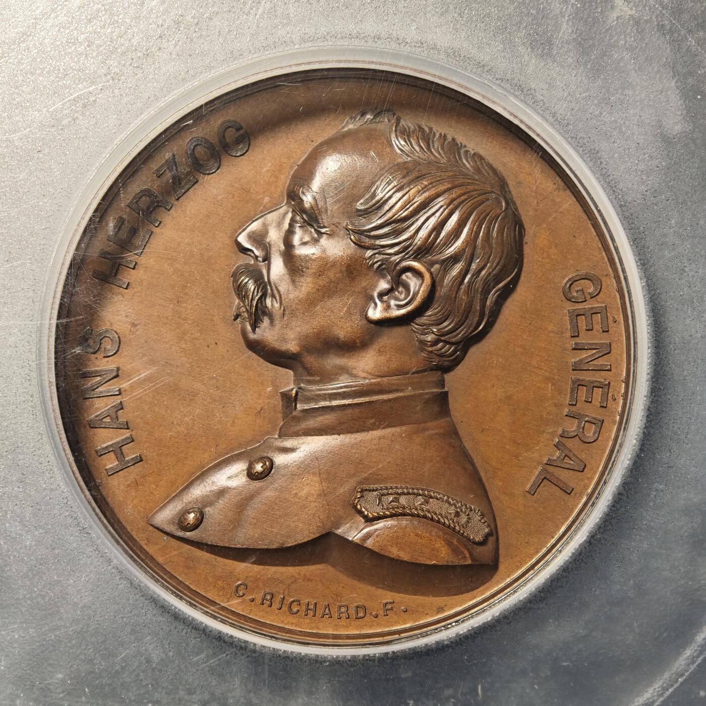 【德藏】世界币章拍卖第169期（拍品征集中~欢迎藏友联系） 1889年 瑞士汉斯赫尔佐格将军服役50周年高浮雕纪念大铜章 PCGS SP63 细节丰富