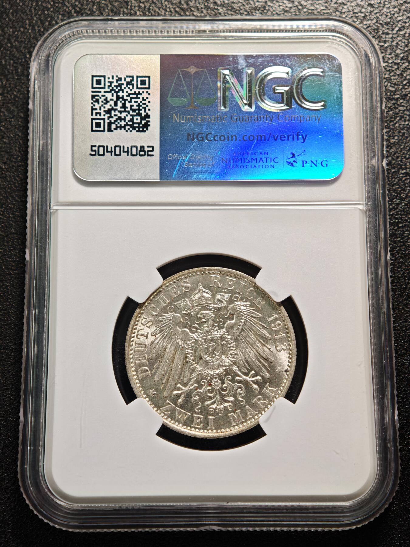 【德藏】世界币章拍卖第169期（拍品征集中~欢迎藏友联系） 1913年 德国普鲁士威廉二世2马克银币 NGC MS63 原光十足