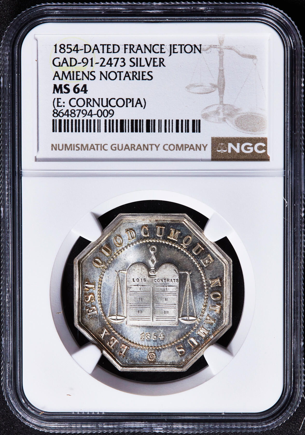 【俄甄集藏】2026年(050)04-01星期三 晚 19:30 全场包邮 法国1854年亚眠公证处银质八角代用币章，NGC MS64，底板凝霜，转光品相，丰饶角铭