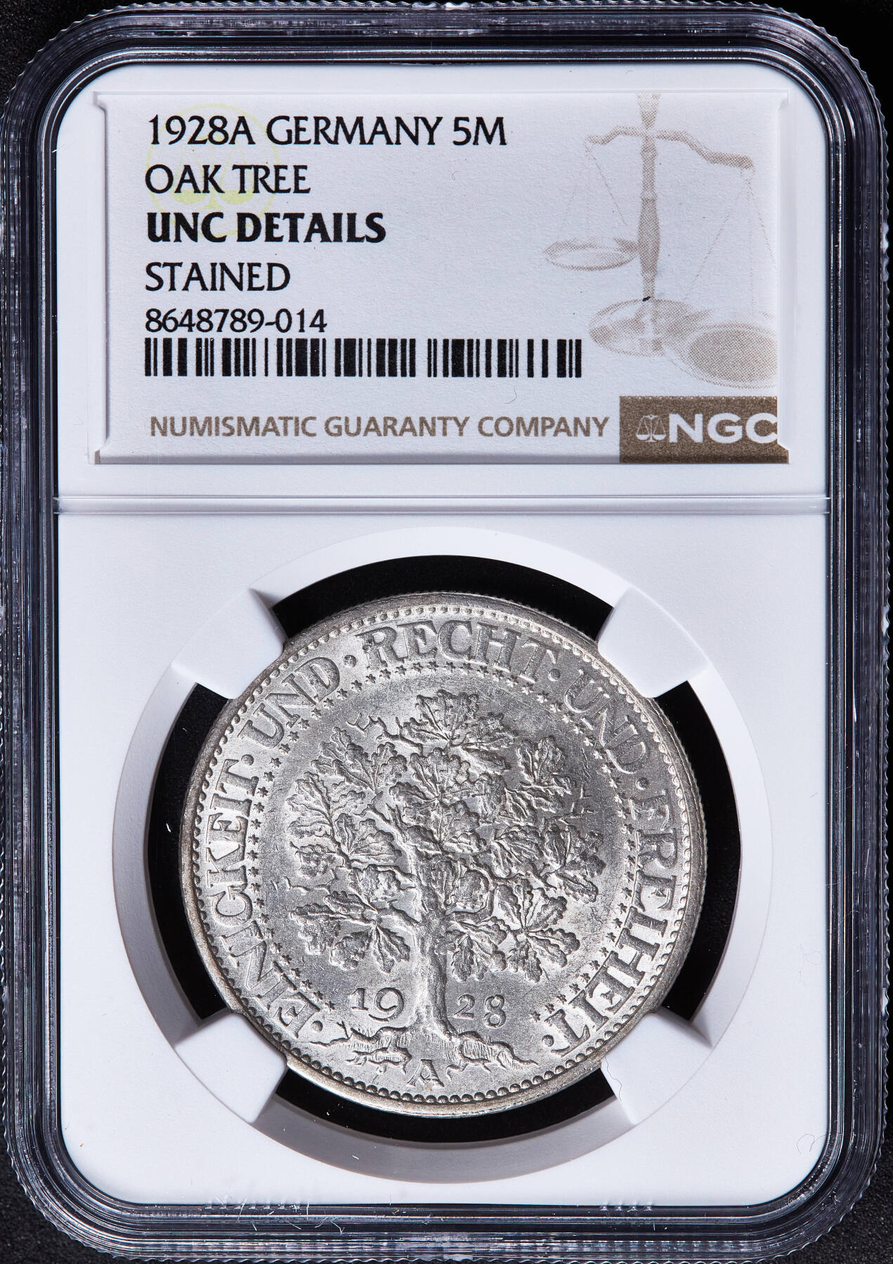 【俄甄集藏】2026年(050)04-01星期三 晚 19:30 全场包邮 德国魏玛1928年A版橡树5马克大银币，NGC UNCD，原光品相