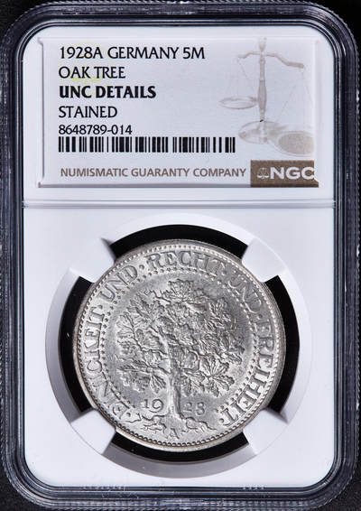 【俄甄集藏】2026年(050)04-01星期三 晚 19:30 全场包邮 - 德国魏玛1928年A版橡树5马克大银币，NGC UNCD，原光品相
