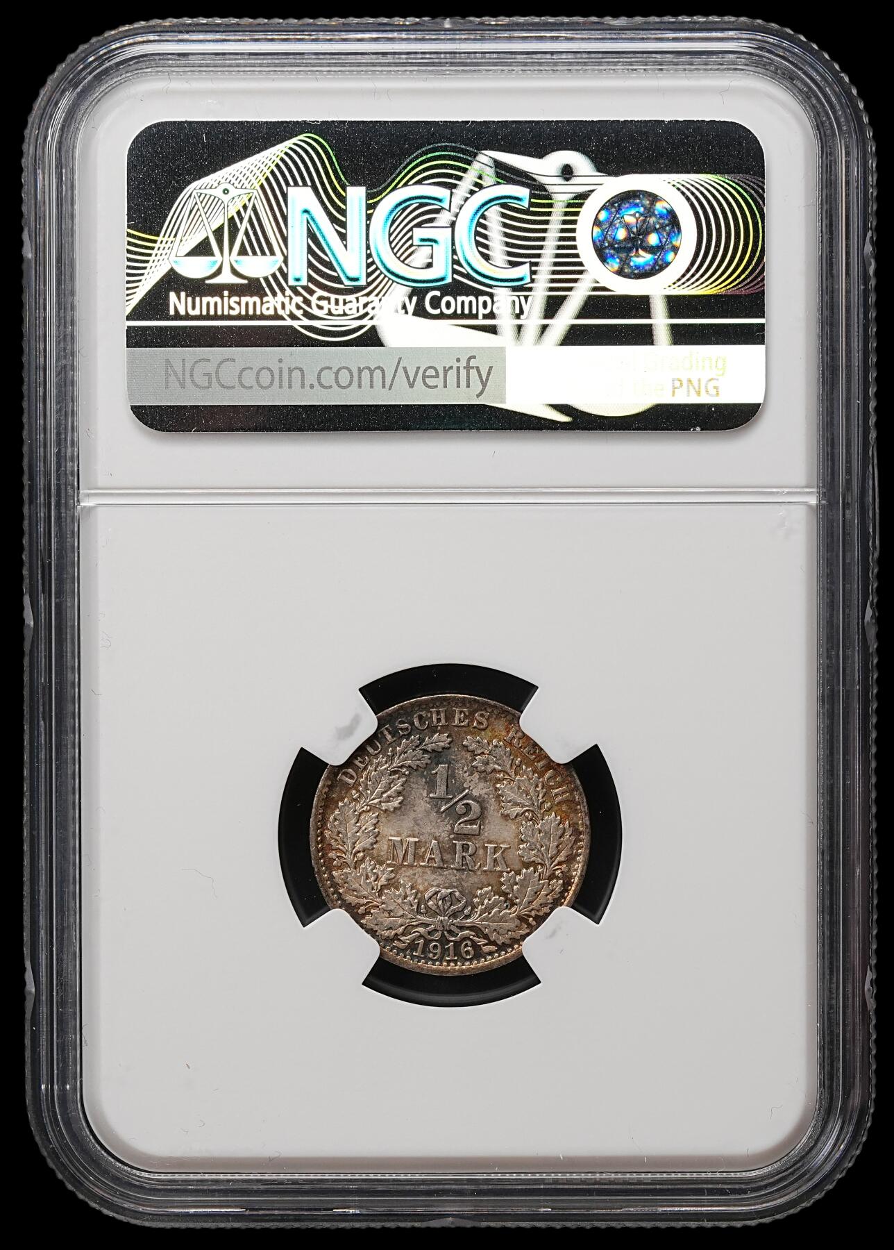 修遠堂世界钱币第109期 NGC MS65 1916年德国1/2马克银币 A厂铭，五彩