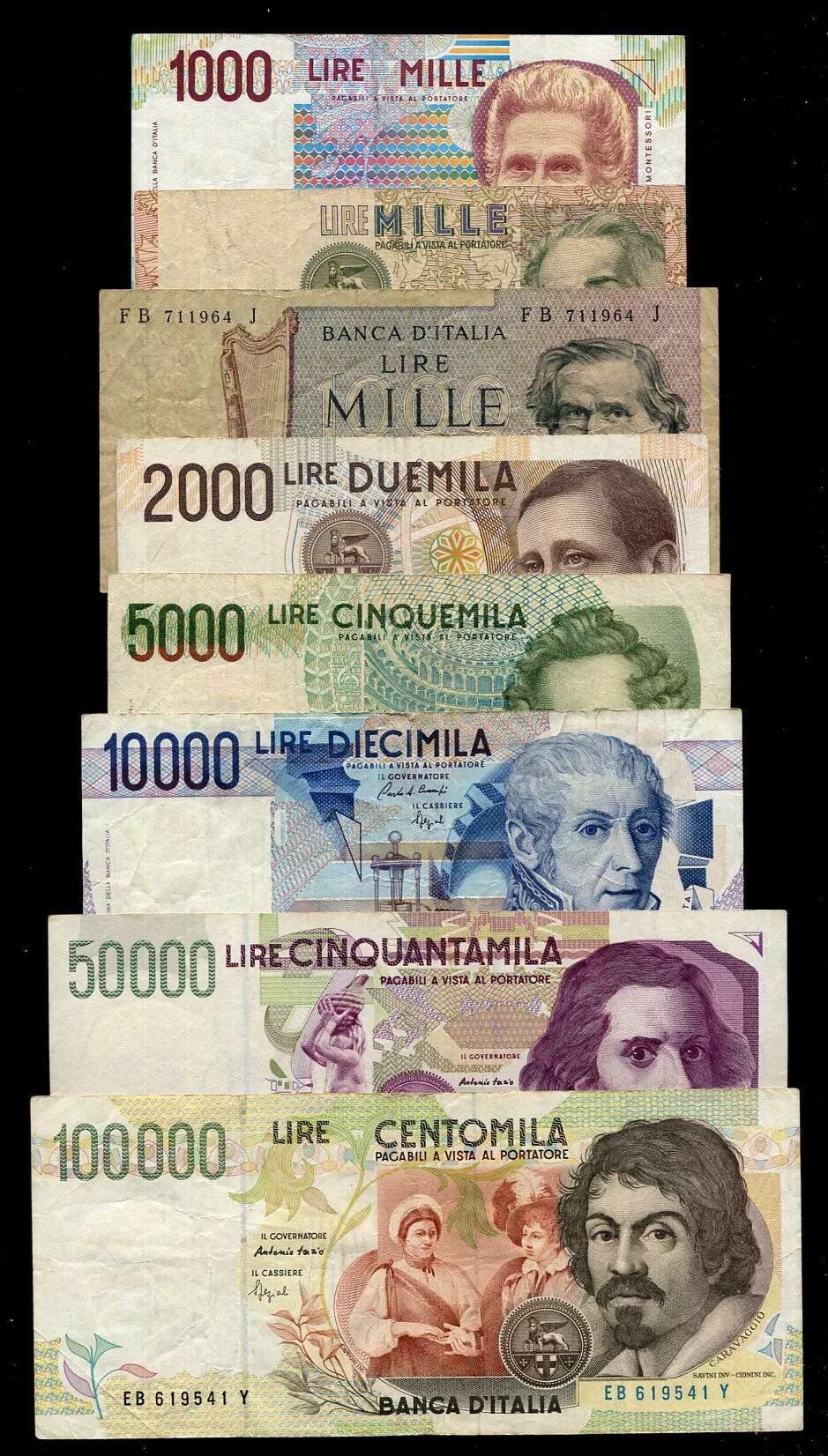 各国钱币套装场 意大利1000,1000,1000,2000,5000,10000,50000,100000里拉 一套