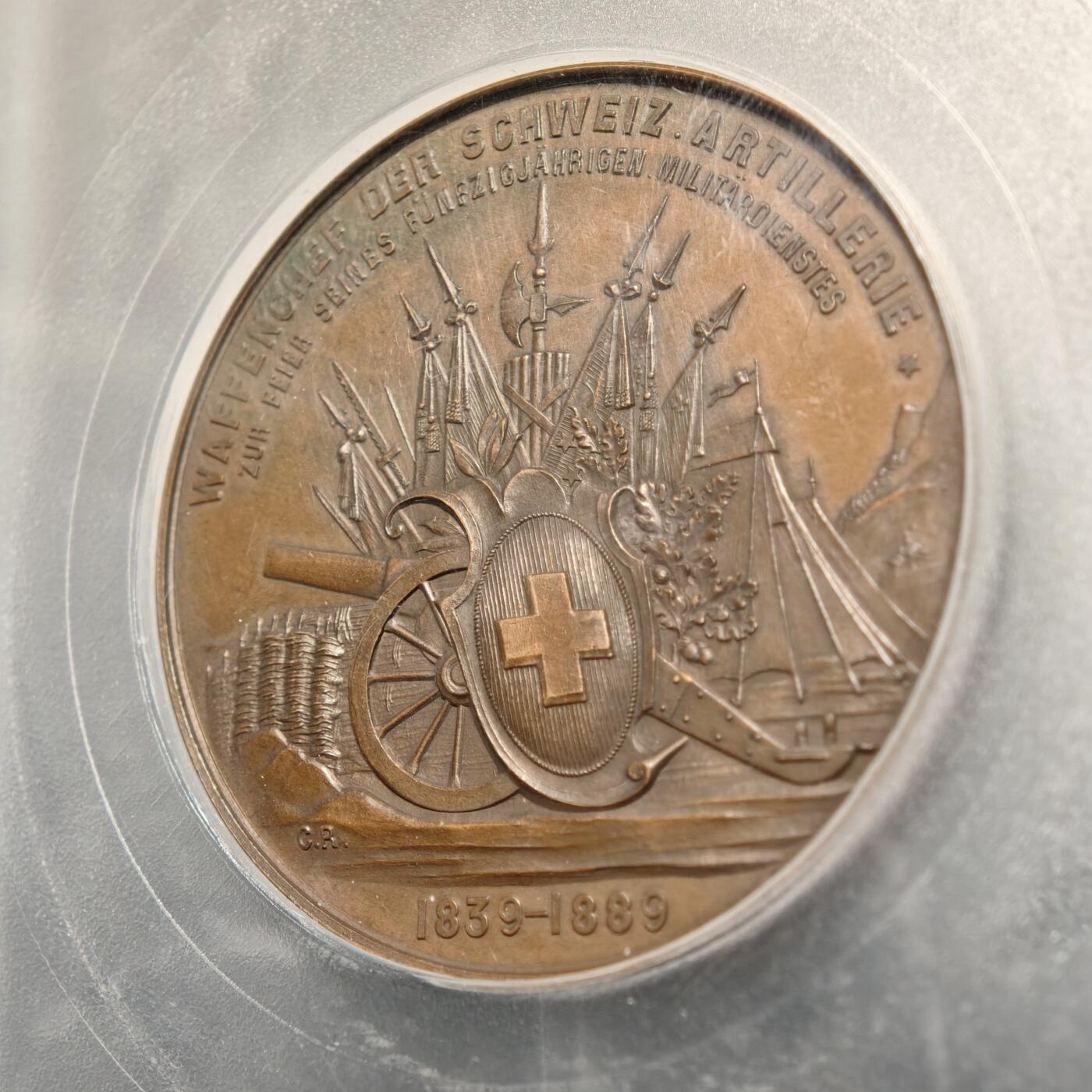 【德藏】世界币章拍卖第169期（拍品征集中~欢迎藏友联系） 1889年 瑞士汉斯赫尔佐格将军服役50周年高浮雕纪念大铜章 PCGS SP63 细节丰富
