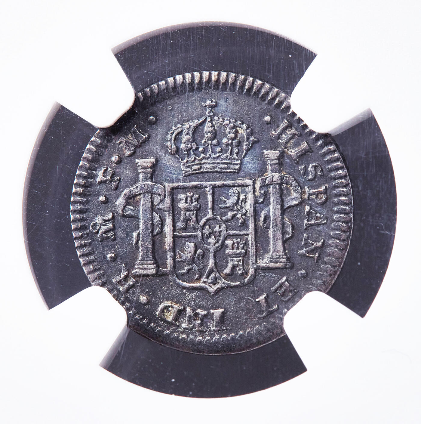 【俄甄集藏】2026年(050)04-01星期三 晚 19:30 全场包邮 西属墨西哥1800年卡洛斯四世Mo FM版1/2里亚尔双柱银币，NGC XF45，酱彩包浆，细节犀利，状态尚佳