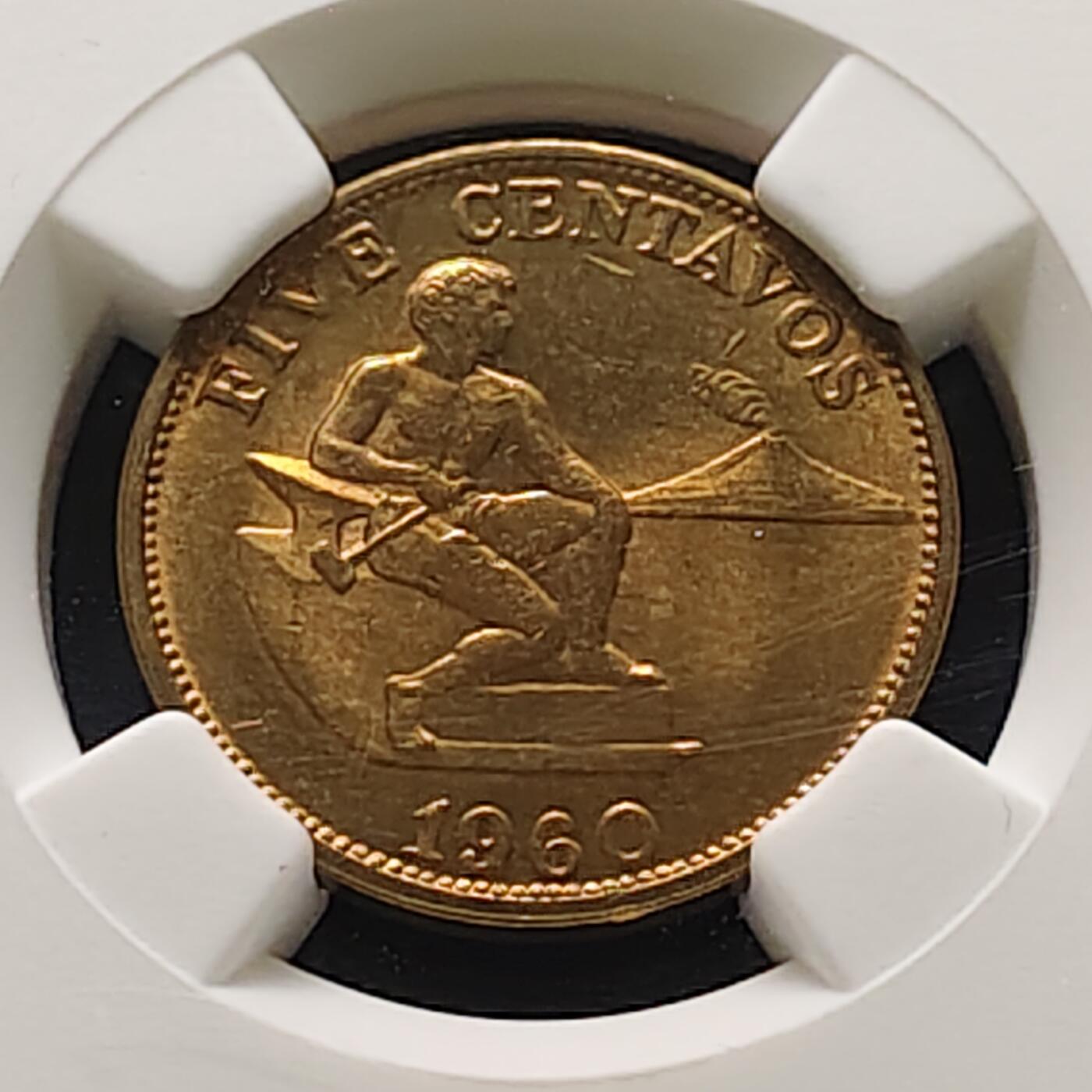 【全场包邮】纯粹捡漏拍515场 【收藏级】菲律宾1960年独立首版5分-NGC MS62（更高分仅7枚）