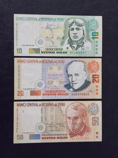 3月27号晚上8点 外国纸币自动截拍第46场 - 秘鲁1997年10-20-50几乎全新一套 早期年份极少